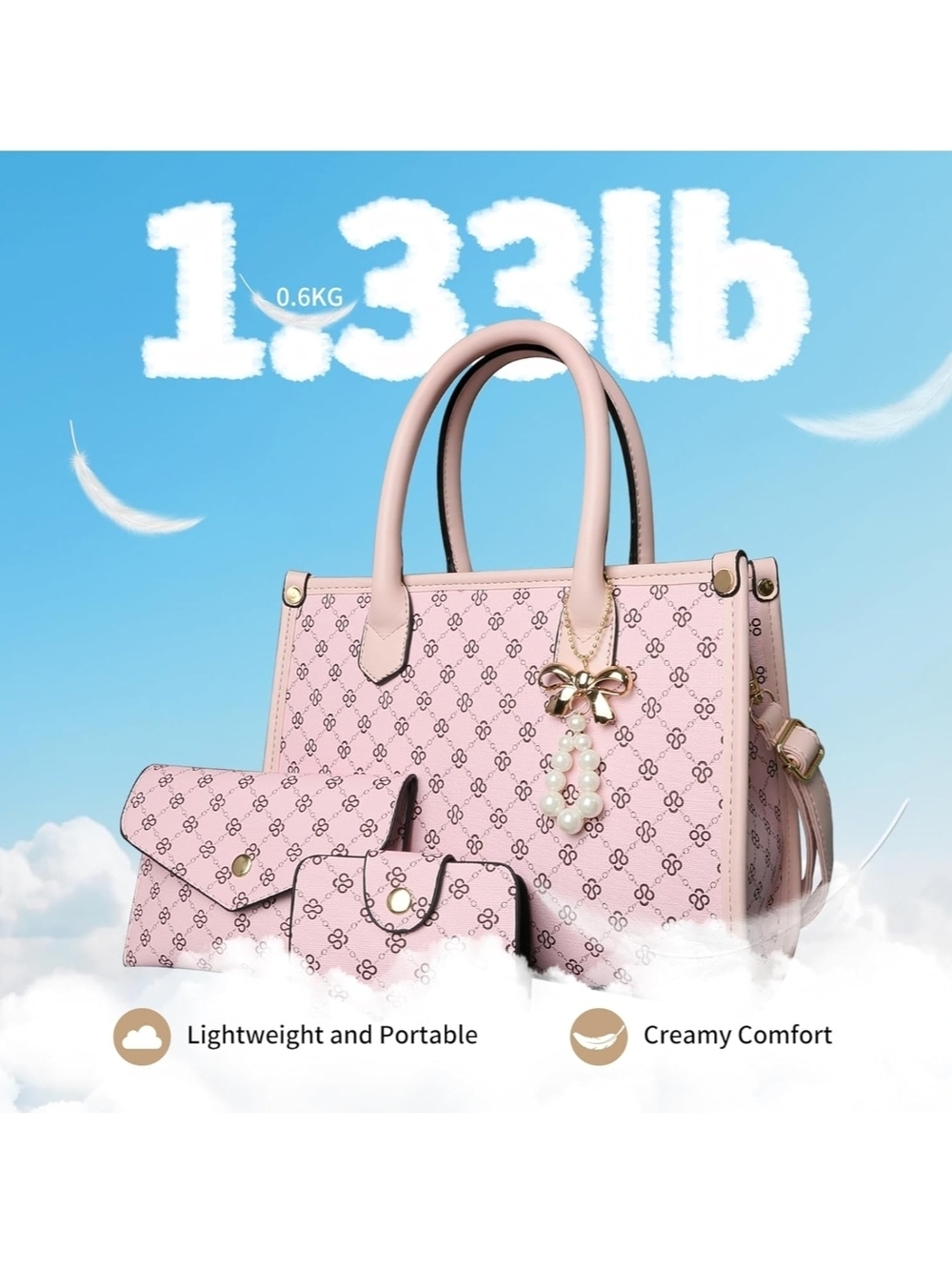 Pink Patterned Women's Satchel Handbag Set - Picture 8 of 8